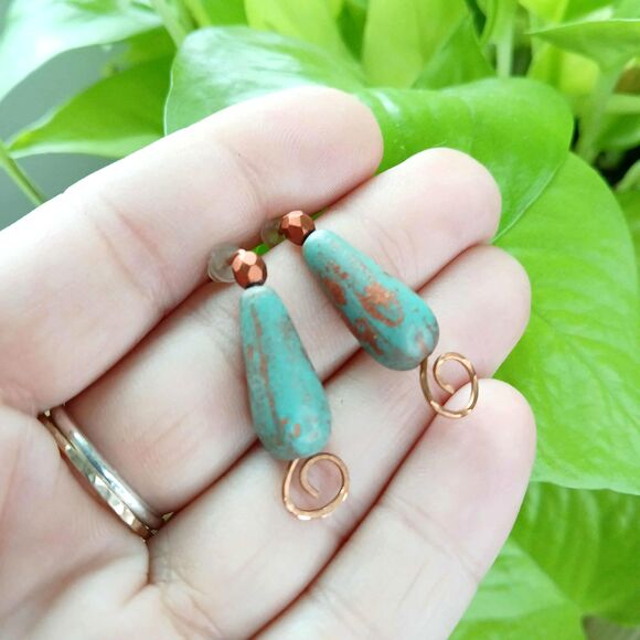 Boho Chic Beaded Stud Earrings, Turquoise Czech Glass Jewelry, Artisan 1.5" - Picture 3 of 3